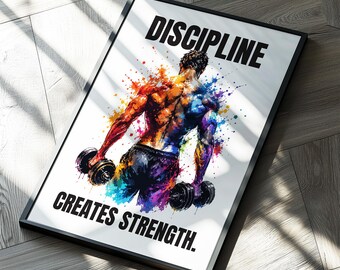 Gym Motivation Wall Art - Discipline Creates Strength Poster, Weightlifting Artwork, Fitness Decor for Home Gym, Workout Motivational Poster