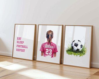 Impresiones de fútbol personalizadas para el dormitorio de las niñas, arte de pared de fútbol, impresiones de fútbol personalizadas, arte de pared para el dormitorio de las niñas, regalo para la hija de las niñas
