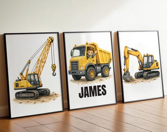 Personalised Construction Nursery Prints Set of 3, Digger Truck Crane, Boys Nursery Decor