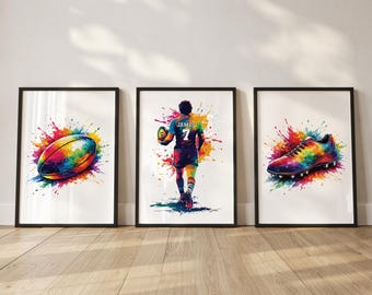 Juego de arte mural de rugby personalizado, impresiones de rugby para dormitorio de niños, decoración de dormitorio de rugby, regalo de jugador de rugby para hijo, hermano, regalos de rugby