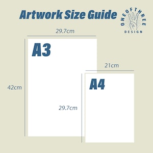 May include: Artwork size guide showing the dimensions of A3 and A4 paper sizes. A3 paper measures 29.7 cm by 42 cm. A4 paper measures 21 cm by 29.7 cm.
