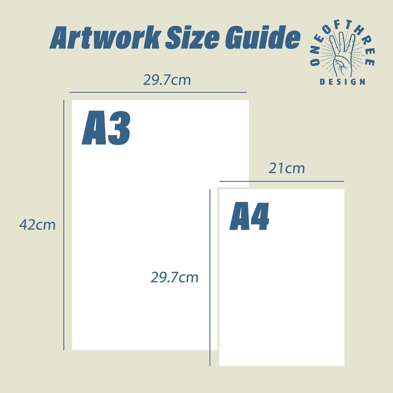 May include: Artwork size guide showing the dimensions of A3 and A4 paper sizes. A3 paper measures 29.7 cm by 42 cm. A4 paper measures 21 cm by 29.7 cm.