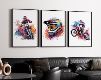 Motocross Prints, Set of 3 Watercolour Dirt Bike Posters, Motorcycle Print, Dirt Bike Wall Art, Motor Bike Artwork, Boys Room Decor,Son Gift