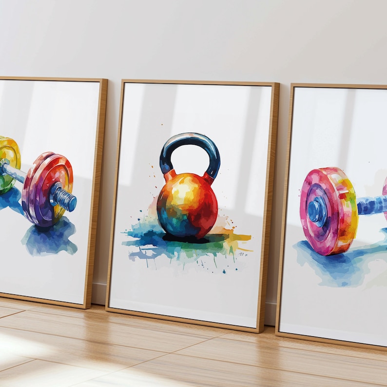 May include: Three watercolor paintings of gym equipment. The first painting shows a colorful dumbbell, the second shows a colorful kettlebell, and the third shows a colorful dumbbell.