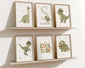 Set of 6 Dinosaur Prints, Kids Gallery Wall Art, Personalised Dinosaur Wall Art, Nursery Dinosaur Prints, Boys Room Dinosaur Decor