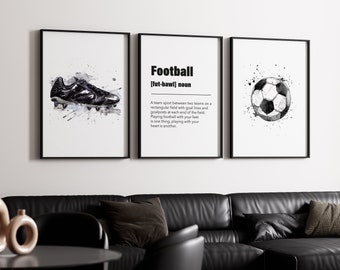 Set of 3 Football Wall Art Prints, Abstract Football Wall Art, Football Gifts, Black Boys Bedroom Decor, Blue Football Prints, Teen Bedroom