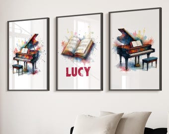 Juego de 3 impresiones artísticas de piano en acuarela, ilustraciones musicales, póster de piano, arte de pared para pianista, músico, imagen de piano para dormitorio de niños y niñas