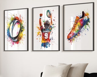 Láminas de arte de pared de rugby personalizadas Láminas de rugby personalizadas Decoración de dormitorio de niños, Decoración de rugby para dormitorio de niños, Camiseta de rugby, Regalos de jugador de rugby
