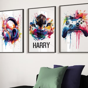 Personalised Gaming Wall Art Prints, Personalised Gaming Prints, Boys Bedroom Decor, Kid Bedroom Gamer Decor, Games Room Gaming Gift for Boy XB - Brown Hair