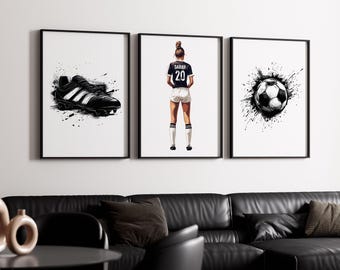 Personalised Girls Football Player Gift, Football Gift for Girls Bedroom, Black Football Decor, Football Poster Set, Girls Football Wall Art
