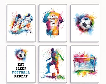 Football Wall Art Set of 6 Prints Personalised Football Prints Boys Bedroom Decor, Kid Bedroom Football Decor, Football Shirt Name Poster