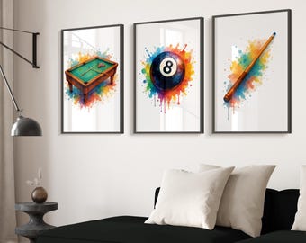 Juego de 3 impresiones de arte mural de billar, pintura de acuarela, póster de billar, regalos de billar, regalo de jugador de billar, arte mural para niños, impresión de mesa de billar