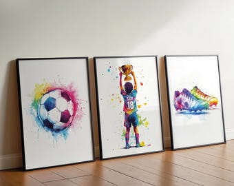 Juego de 3 impresiones de fútbol personalizadas, arte de pared de fútbol para dormitorio de niño, póster de fútbol personalizado, regalo para hijo, arte de pared para habitación de niño.