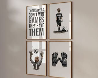 Personalised Set of 4 Soccer Wall Art, Boys Room Decor, Football Poster, Football Prints, Soccer Jersey, Custom Goalie Art, Gift For Goalie