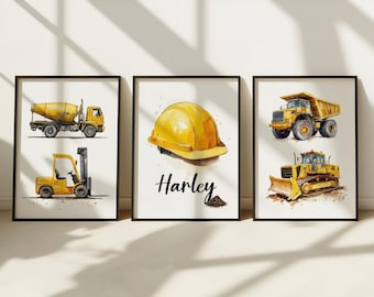 Set of 3 Construction Prints for Boys Bedroom Vehicle Prints Boy Nursery Decor Kids Room Wall Art Toddler Room Personalised Baby Boy Decor