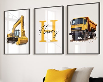 Set of 3 construction digger truck nursery prints | personalised vehicle tractor digger construction nursery | boys room decor gift for son