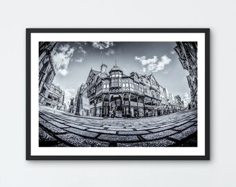 Upper Bridge Street Fisheye (Black and White). Photo art giclée print. Chester, Cheshire UK.