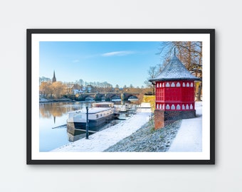 The Groves & Old Dee Bridge in the Snow. Photo art giclée print.  Chester, Cheshire UK.