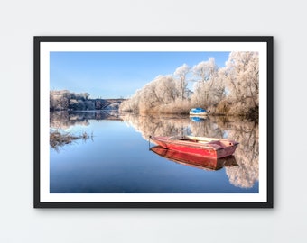 Red Boat on River Dee, Hoar Frost. Photo art giclée print. Chester, Cheshire UK.