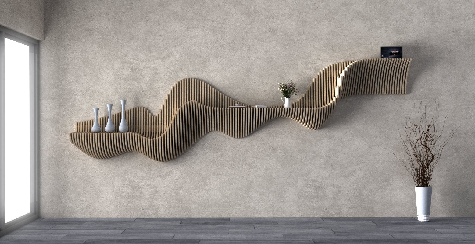 Parametric Wooden Wavy Wall Art - Parametric Wavy Wooden Wall Mounted Shelf - Floating Shelf Parametric Wall Piece -  Parametric  Shelf
