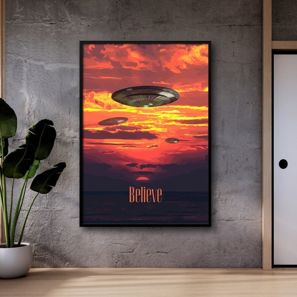 Ufo Alien Raumschiff Science-Fiction Fliegende Untertasse Retro Bild 80er Jahre Style Sonnenuntergang Sundown Außerirdische Wall Art Vintage