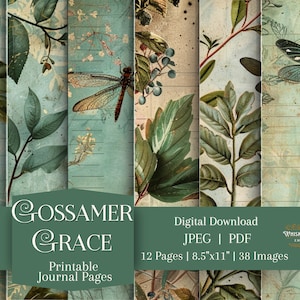 Páginas imprimibles de Gossamer Grace Journal / Libélulas, Teals, Páginas botánicas vintage suaves