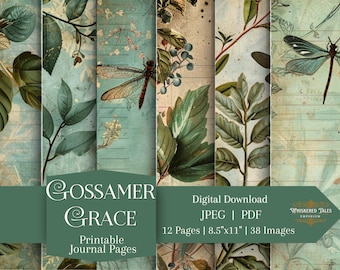Gossamer Grace Journal Printable Pages | Dragonflies, Teals, Soft Vintage Botanical Pages