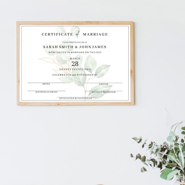 Personalised Certificate of Marriage Template | Marriage Certificate Keepsake | Custom Wedding Print