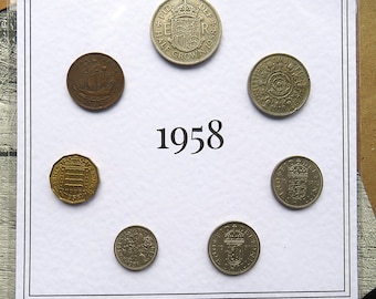 Set di monete britanniche del 1958, set dell'anno della Gran Bretagna, collezione di 7 monete montate, regalo per il 68° compleanno o ricordo