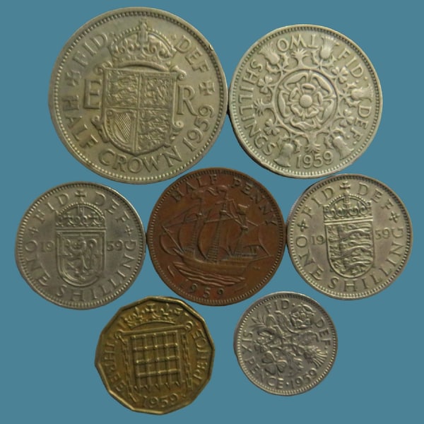 1959 Queen Elizabeth II Great Britain 7 Coin Year Set, Complete Set from Halfcrown to Halfpenny, Perfect for Birthdays, Collectors and Gifts