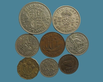 1951 Great Britain Coin Year Set, 8 Coin Set from Halfcrown to Farthing (no penny), Perfect for Birthdays, Collectors and Gifts