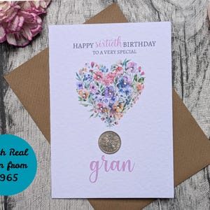 Carte du 60e anniversaire pour grand-mère, carte souvenir spéciale avec une vraie pièce de six pence porte-bonheur de l'année de naissance, pièce de monnaie de 1965, cadeaux du 60e anniversaire pour elle