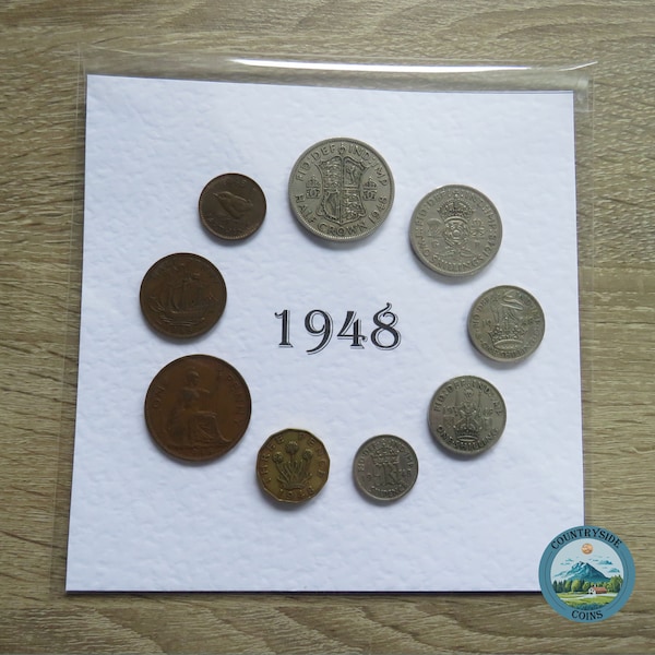 1948 Mounted Presentation Gift Coin Set, Complete 9 Coin Year Set of Great Britain, Perfect for 76th Birthday Gift or Sentimental Keepsake