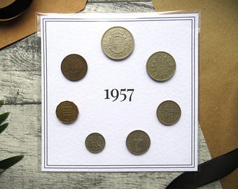 1957 British Coin Set, Great Britain Year Set, Mounted 7 Coin Collection, 69th Birthday or Keepsake Gift