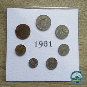 1961 gemonteerde presentatiecadeaumuntenset, 7 muntenjaarset van Groot-Brittannië, perfect als 64e verjaardagscadeau of sentimenteel aandenken