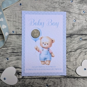 Regalo para bebé recién nacido de color azul, moneda de seis peniques de la suerte, osito de peluche de recuerdo, regalo único para recién nacido, felicitaciones, regalo de nacimiento, regalo de bautizo