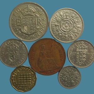 1961 Queen Elizabeth II Great Britain 7 Coin Year Set, from Halfcrown to Penny, Perfect for Birthdays, Collectors and Gifts