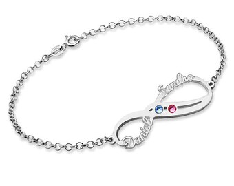 Bracelet Prénoms Infini en Argent Sterling avec Pierres de Naissance Pour Ici