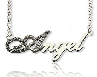 Sterling Silver Script Name Necklace with Initial Birthstone