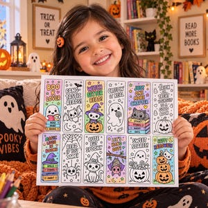 May include: A rectangular sheet of paper featuring twelve distinct Halloween-themed bookmarks to color. Each bookmark displays unique illustrations of ghosts, pumpkins, cats, bats, and spiders, accompanied by playful text like Book Lover and Witch Better Read.