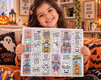 Halloween Coloring Bookmarks for Kids | 12 Printable Bookmark Crafts | Classroom Party Favor PDF
