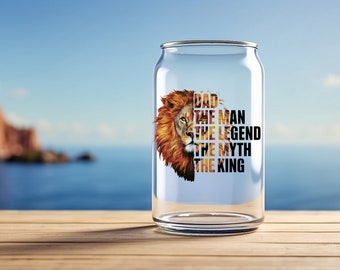 Dad The Man, The Legend, The Myth, The King, Sipper Glass, Glass Can with Bamboo Lid 16 Oz & glass straw, Iced Coffee Tumbler, Gifts for Dad