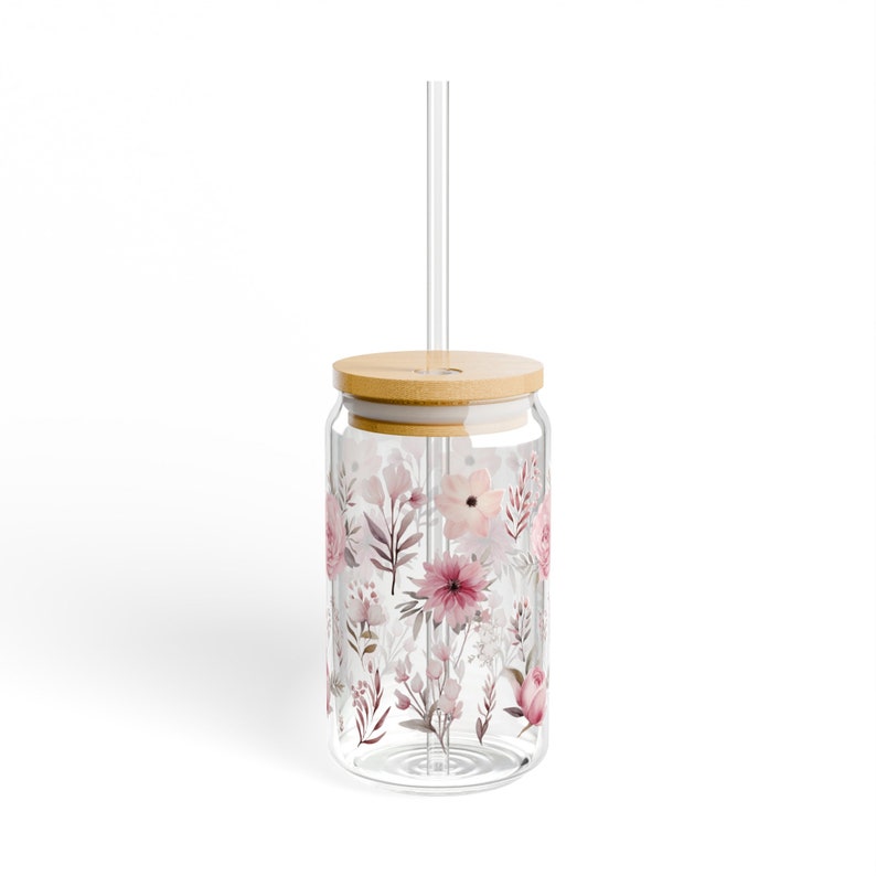 Floral Glass Sipper Cup: 16oz Iced Coffee Cup With Bamboo Lid & Straw ...