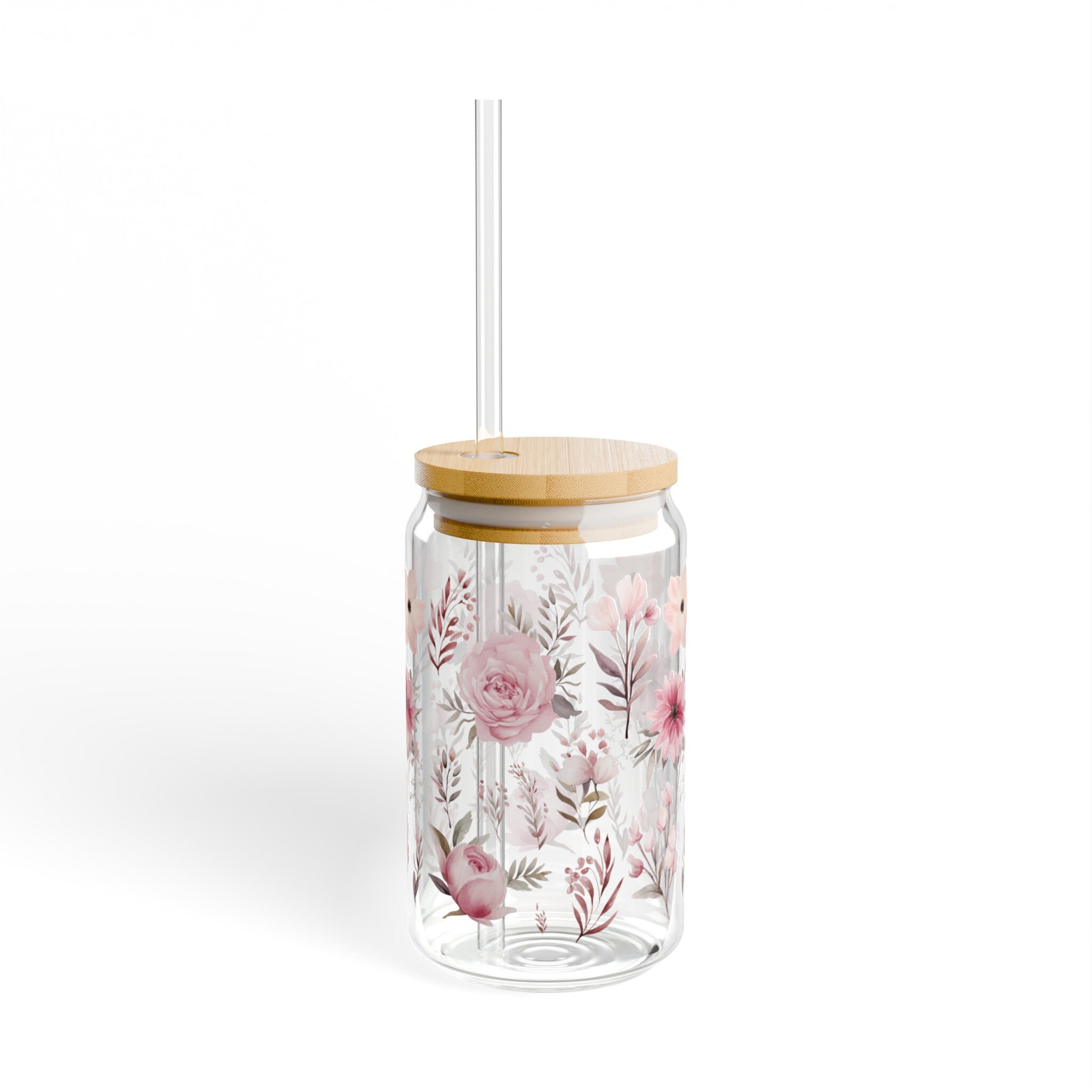 Floral Glass Sipper Cup: 16oz Iced Coffee Cup With Bamboo Lid & Straw ...
