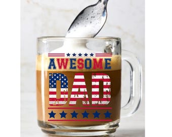 Clear Glass Mug, Awesome Dad Coffee Cup, 10oz Gift for Father, Birthday Present, Inspirational Tea Mug, Clear Glass Cup with Handle