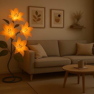 Puede incluir: Una l&aacute;mpara de pie con forma de racimo de cuatro flores de lirio naranjas iluminadas con hojas verdes sobre un tallo de metal oscuro y curvado y una base circular, que proyecta un brillo c&aacute;lido en una habitaci&oacute;n con un sof&aacute; beige.