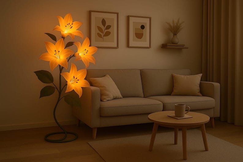 Puede incluir: Una l&aacute;mpara de pie con forma de racimo de cuatro flores de lirio naranjas iluminadas con hojas verdes sobre un tallo de metal oscuro y curvado y una base circular, que proyecta un brillo c&aacute;lido en una habitaci&oacute;n con un sof&aacute; beige.