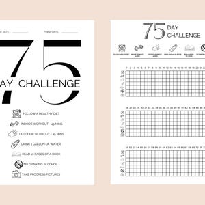 Peut inclure: Un tracker d'objectifs imprimable de 75 jours en noir et blanc avec une liste de contrôle des activités quotidiennes, notamment suivre un régime alimentaire sain, des séances d'entraînement en intérieur et en extérieur, boire un gallon d'eau, lire 10 pages d'un livre, ne pas boire d'alcool et prendre des photos de progression.
