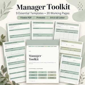 Puede incluir: Un conjunto de documentos digitales Manager Toolkit con 9 plantillas esenciales y 20 páginas de trabajo en tonos verde salvia y blanco. Las páginas incluyen encabezados como Weekly Manager Overview, Daily Manager Overview y Team Meeting.