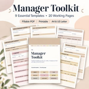 Puede incluir: Un conjunto de documentos digitales Manager Toolkit que incluye 9 plantillas esenciales y 20 páginas de trabajo. La portada muestra el título Manager Toolkit con secciones para semanal, diario, equipo, carga de trabajo, 1:1, reuniones y desempeño.